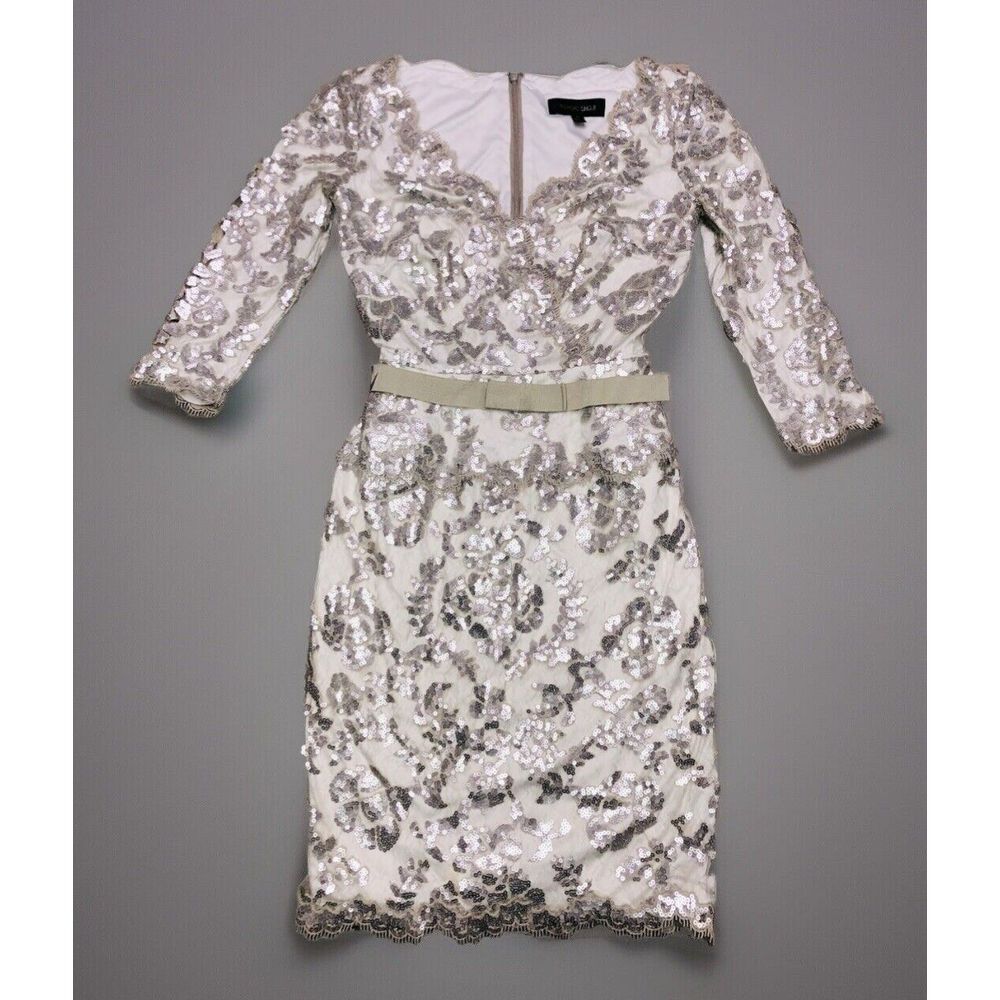 Tadashi Shoji Sequin Floral Lace 3/4 Sleeve Dress 4 Grosgrain Ribbon Belt Pumice